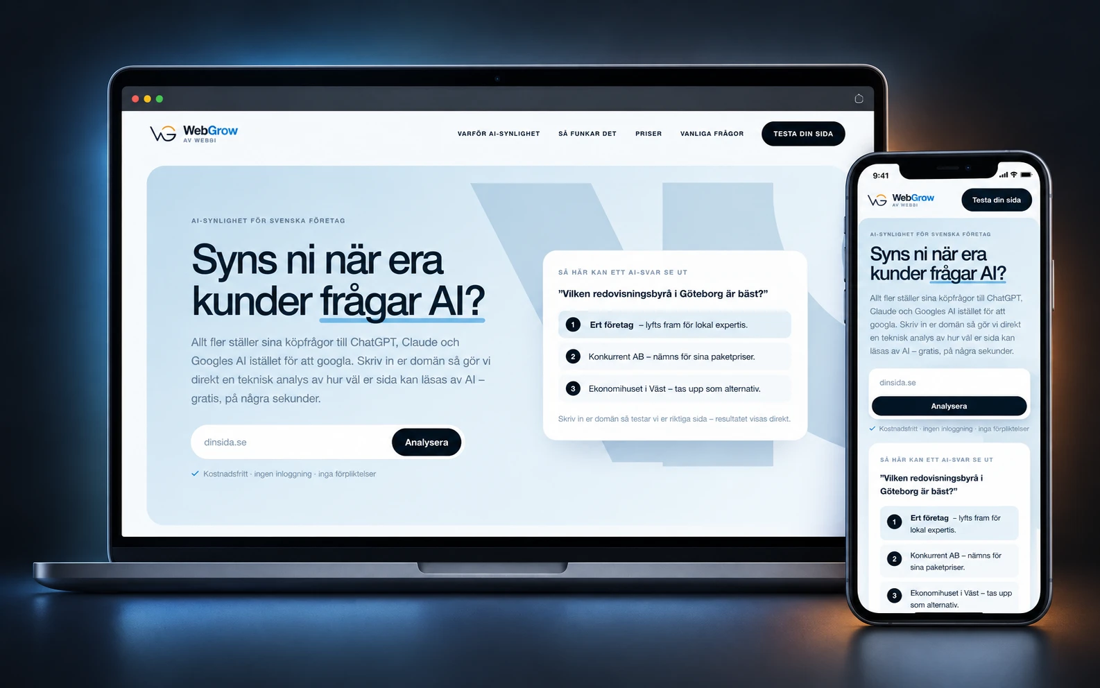 WebGrow – analysverktyg för synlighet i AI-sökningar för Webbi – egen produkt